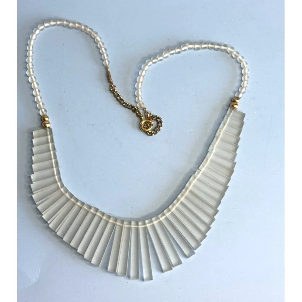 Vintage 14kGF Glass Cabochon Fringe Bib Necklace 18" Elegant Gold & Glass Design - Picture 4 of 6